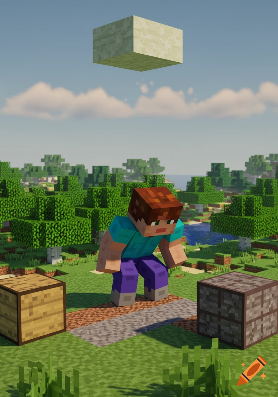 A Minecraft-style character crouches on a path in a blocky green landscape with trees, water, and a floating block.