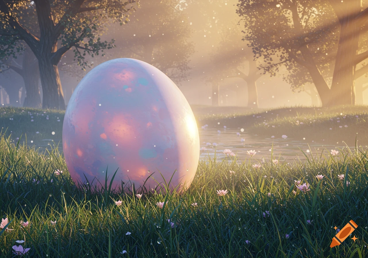 A large, iridescent egg glows in a mystical forest clearing at sunrise, surrounded by grass, pink flowers, and sun rays.