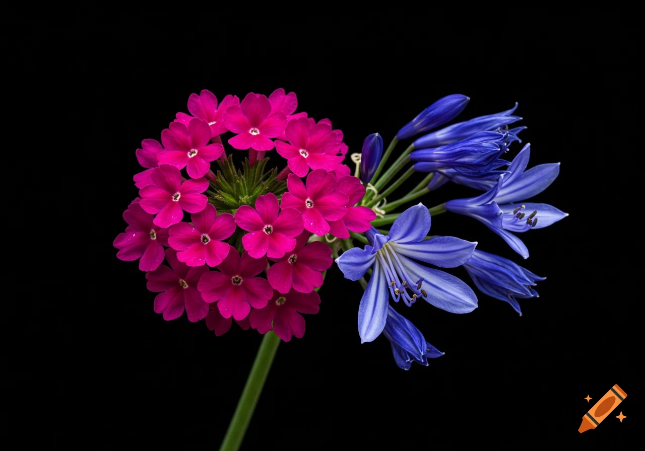 Hyperrealistic close-up of vibrant pink verbena and blue agapanthus flowers against a pure black background.