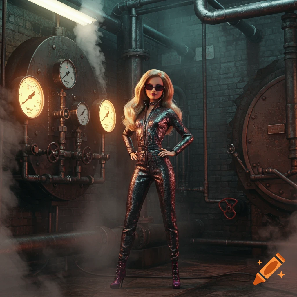 A fashionable Barbie doll in a metallic jumpsuit and sunglasses stands in a dark, steamy industrial boiler room.