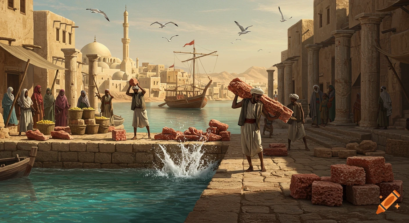 An illustrated historical scene of a bustling 14th-century port on the Red Sea, with men carrying reddish blocks and beams by a coral-stone pier as a dhow bobs in the turquoise water, framed by sun-bleached houses, a mosque, and gulls overhead.
