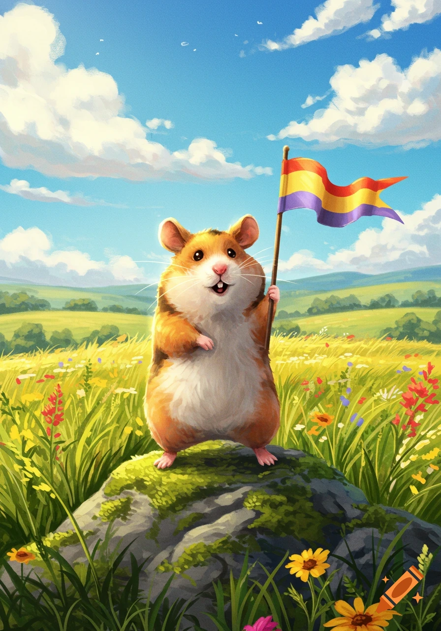 A cute illustrated hamster stands on a mossy rock in a sunny field of flowers, happily waving a colorful flag.