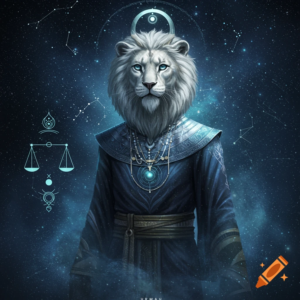 A majestic white lion-headed humanoid in ornate blue robes, against a starry cosmic background with glowing mystical symbols.