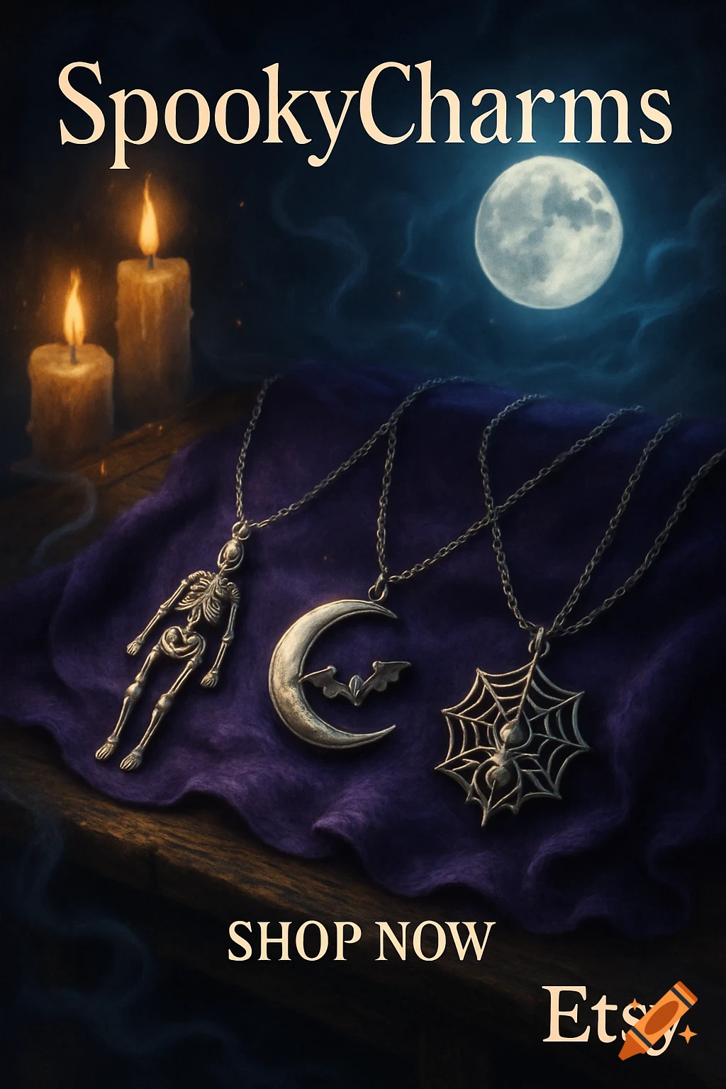 A spooky ad showing three charm necklaces—a skeleton, a crescent moon with a bat, and a spiderweb with a spider—on a purple cloth, with lit candles and a full moon in the background. Text reads 'SpookyCharms', 'SHOP NOW', and 'Etsy'.