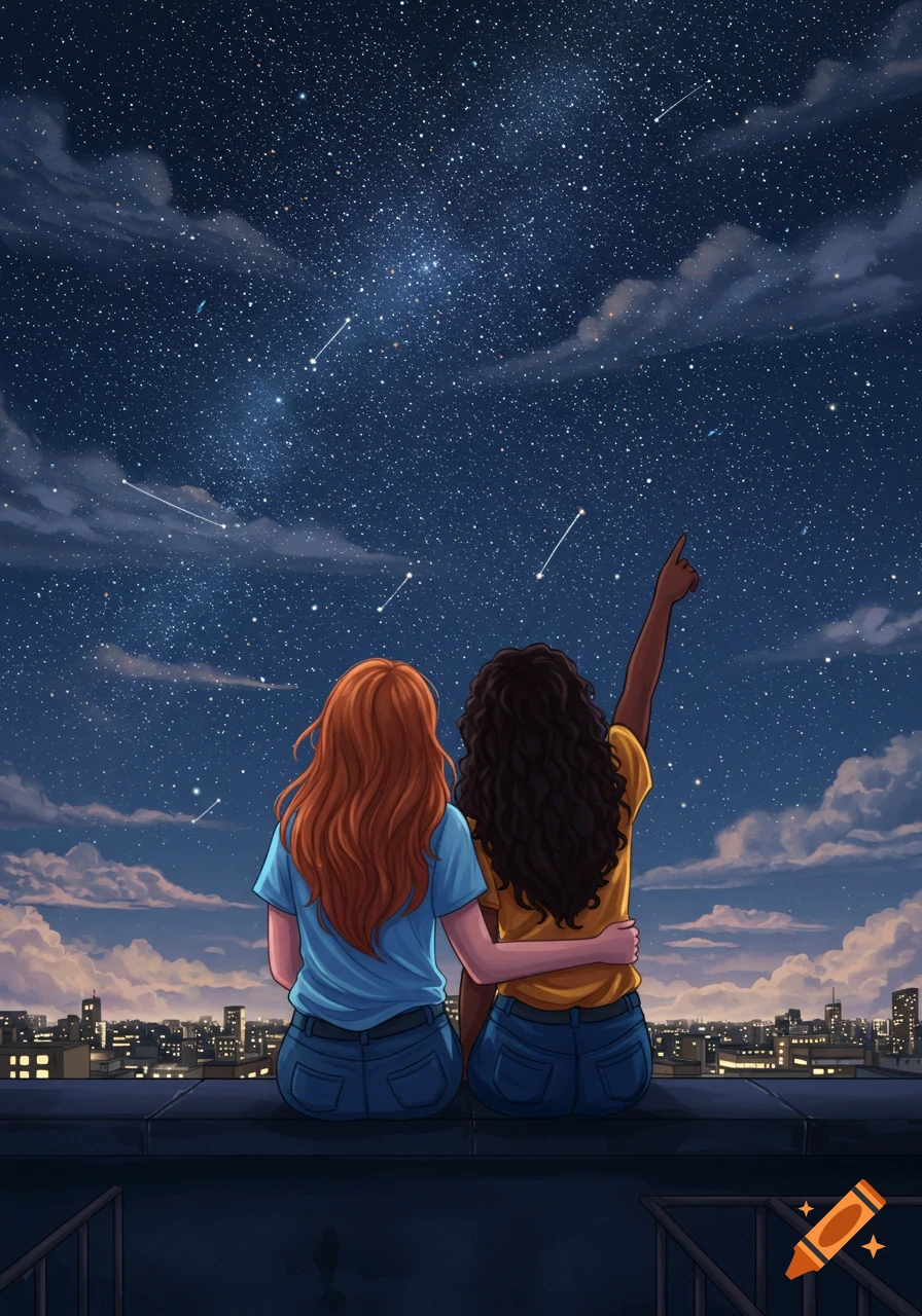 Illustrated back view of two young women sitting on a city rooftop at night, arm-in-arm, looking at a starry sky. One points up.