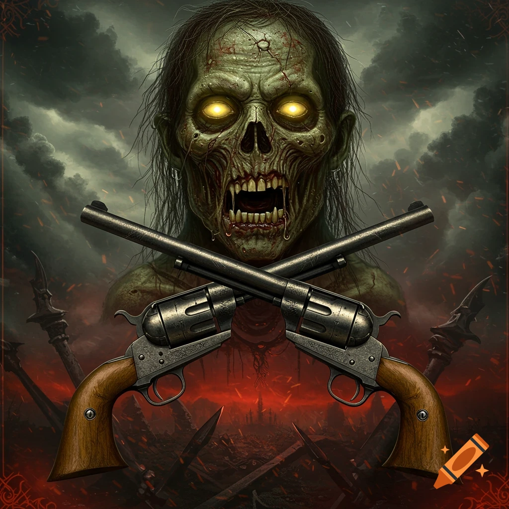 A grotesque zombie head with glowing yellow eyes above two crossed revolvers, against a dark, stormy, red-lit background in a dark fantasy style.