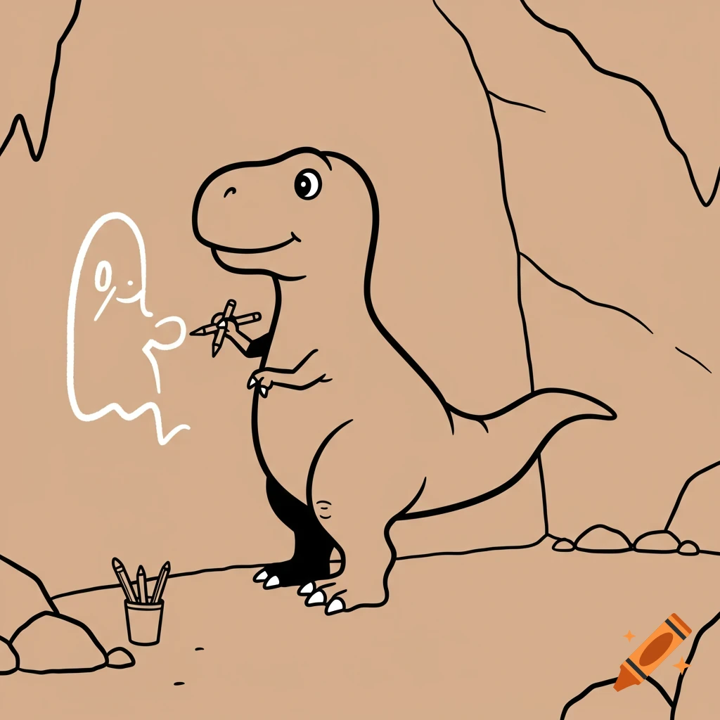 A cartoon T-Rex drawing a ghost and some illegible symbols on a cave wall with crayons, set in a simple, light brown cave.