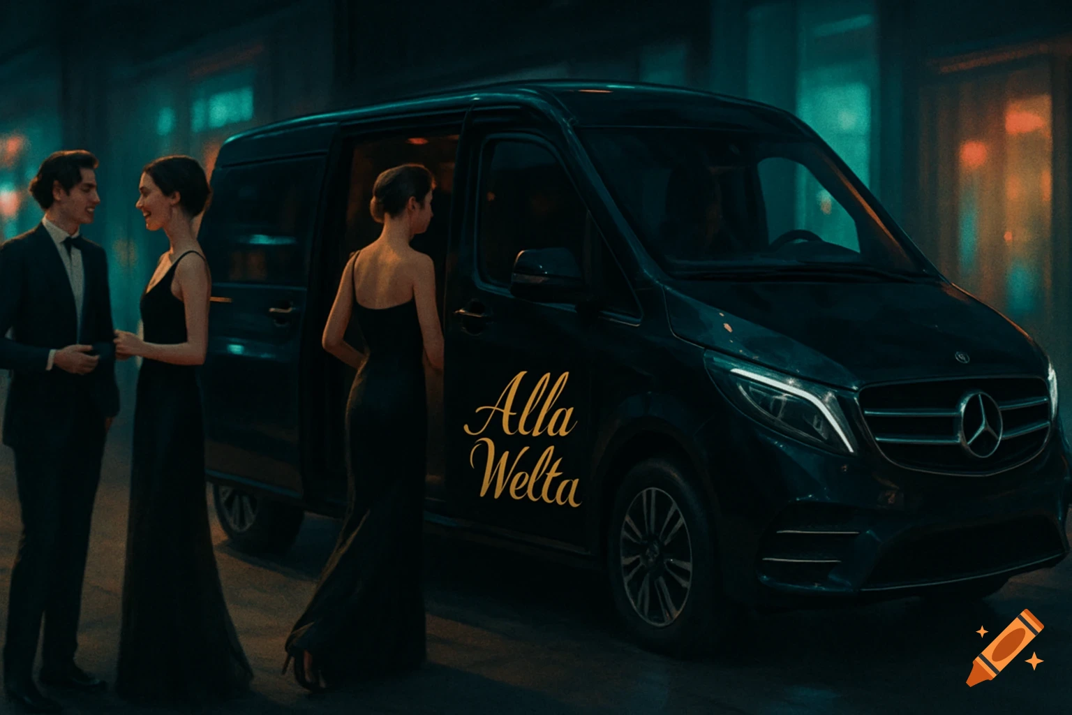 Three elegantly dressed people by a black Mercedes-Benz van with "Alla Welta" on its side, at night.