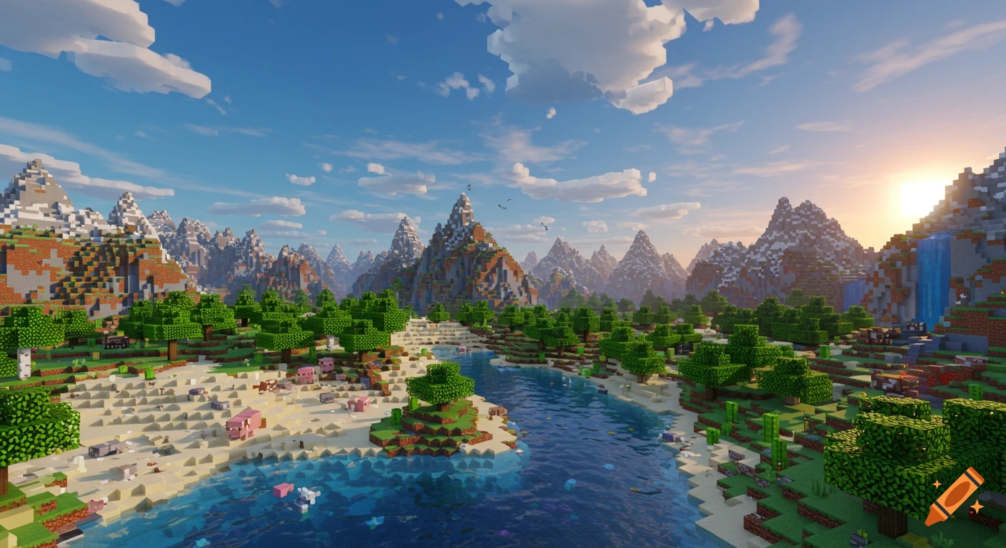 Vibrant blocky Minecraft landscape with snow-capped mountains, a winding river, trees, sandy beaches with pigs and cows, and a sunrise.