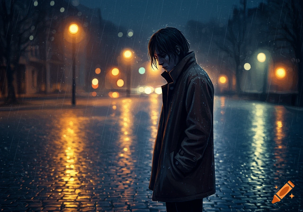 A person in a coat stands alone in the rain on a wet, cobbled street at night, illuminated by orange streetlights, evoking a melancholic mood.