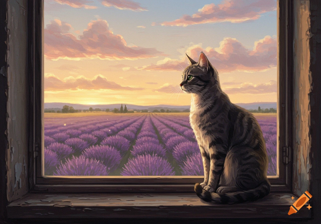 A tabby cat sits on a weathered window sill, looking out at a vast lavender field under a colorful sunset sky in a painterly style.