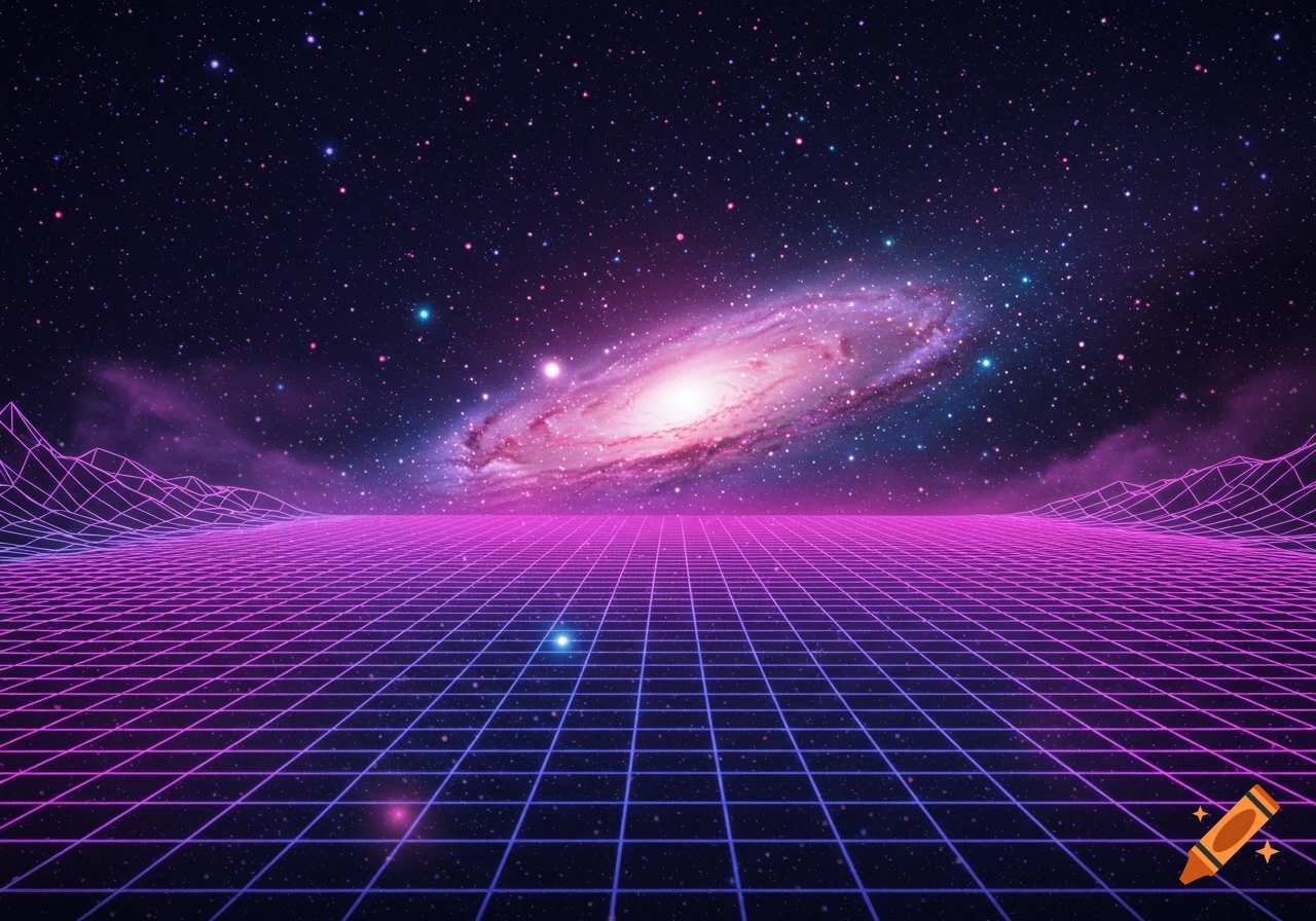 A vibrant vaporwave-style digital artwork showing a pink and purple spiral galaxy above a neon grid landscape under a starry sky.