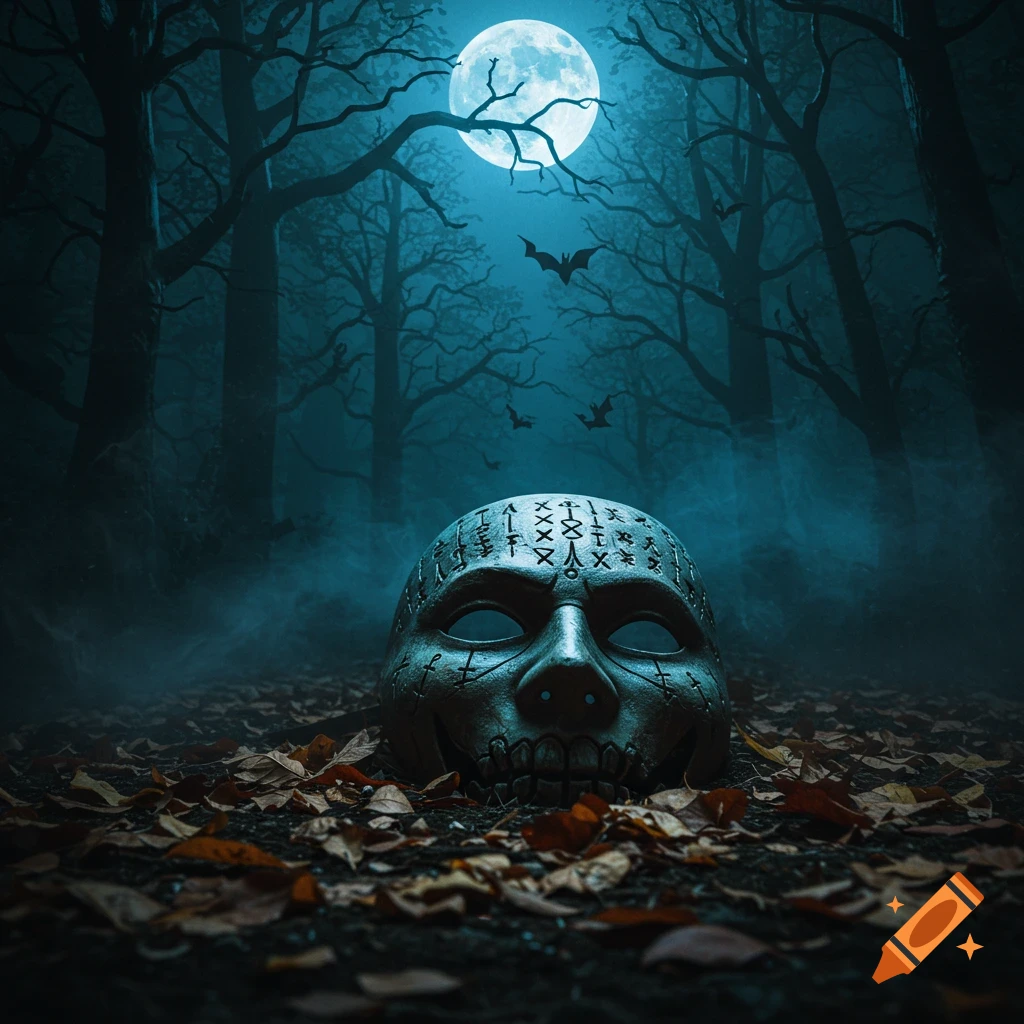 An eerie, runic mask lies half-buried in fallen leaves in a dark, misty forest at night under a full moon, with bats flying.