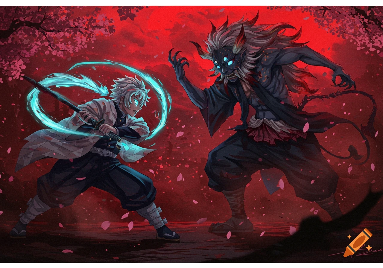 An anime character with white hair and glowing blue eyes wields a sword with a turquoise aura, facing off against a multi-eyed demon with horns, set against a vibrant red background with falling pink petals.
