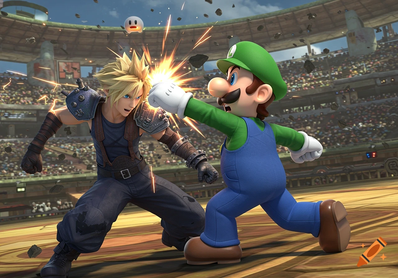 Luigi punches Cloud Strife in a fighting game arena with debris flying and a Boo ghost in the background.