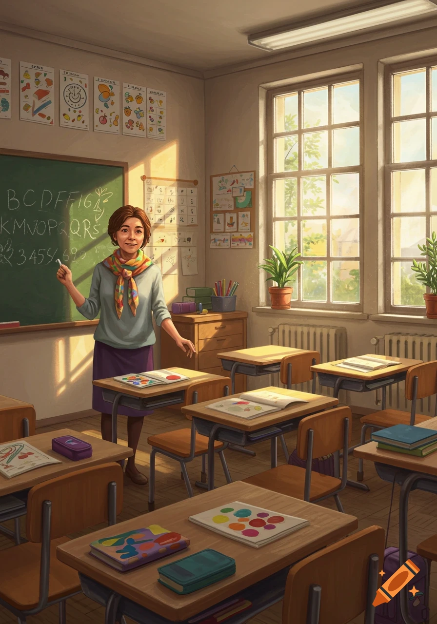 A female teacher stands in a sunlit classroom with a blackboard and student desks. Educational posters adorn the walls.