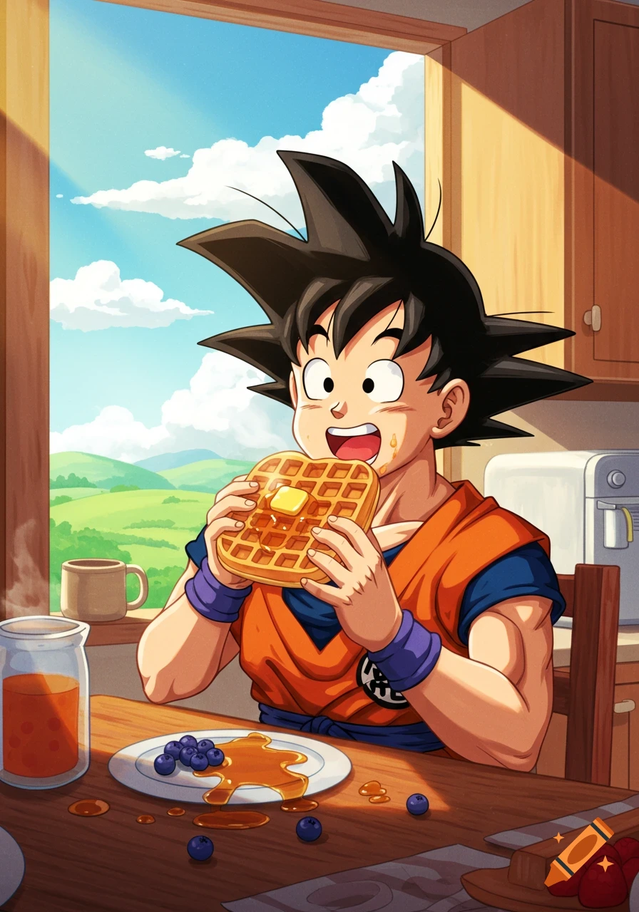Anime-style Goku happily eating a waffle with syrup and blueberries at a kitchen table by a sunny window.