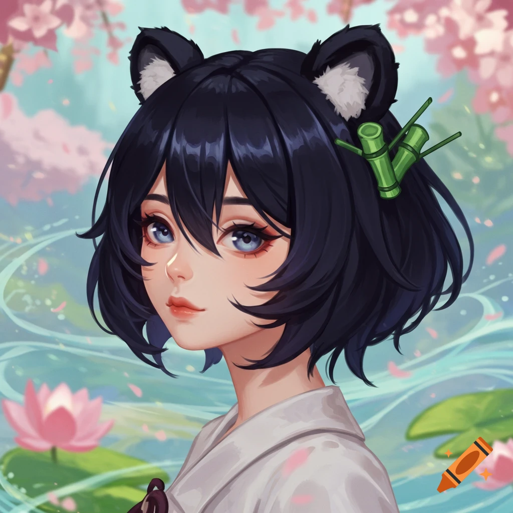 An anime woman with short black hair, panda ears, and a bamboo hairpin, in a lotus pond with cherry blossoms.