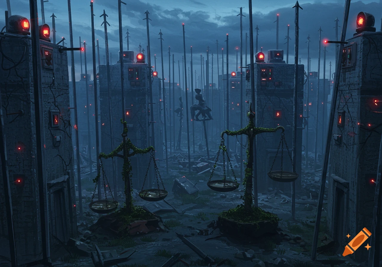 A dark, dystopian landscape features two moss-covered scales of justice amidst tall concrete structures and numerous spikes with red lights, under a cloudy sky.