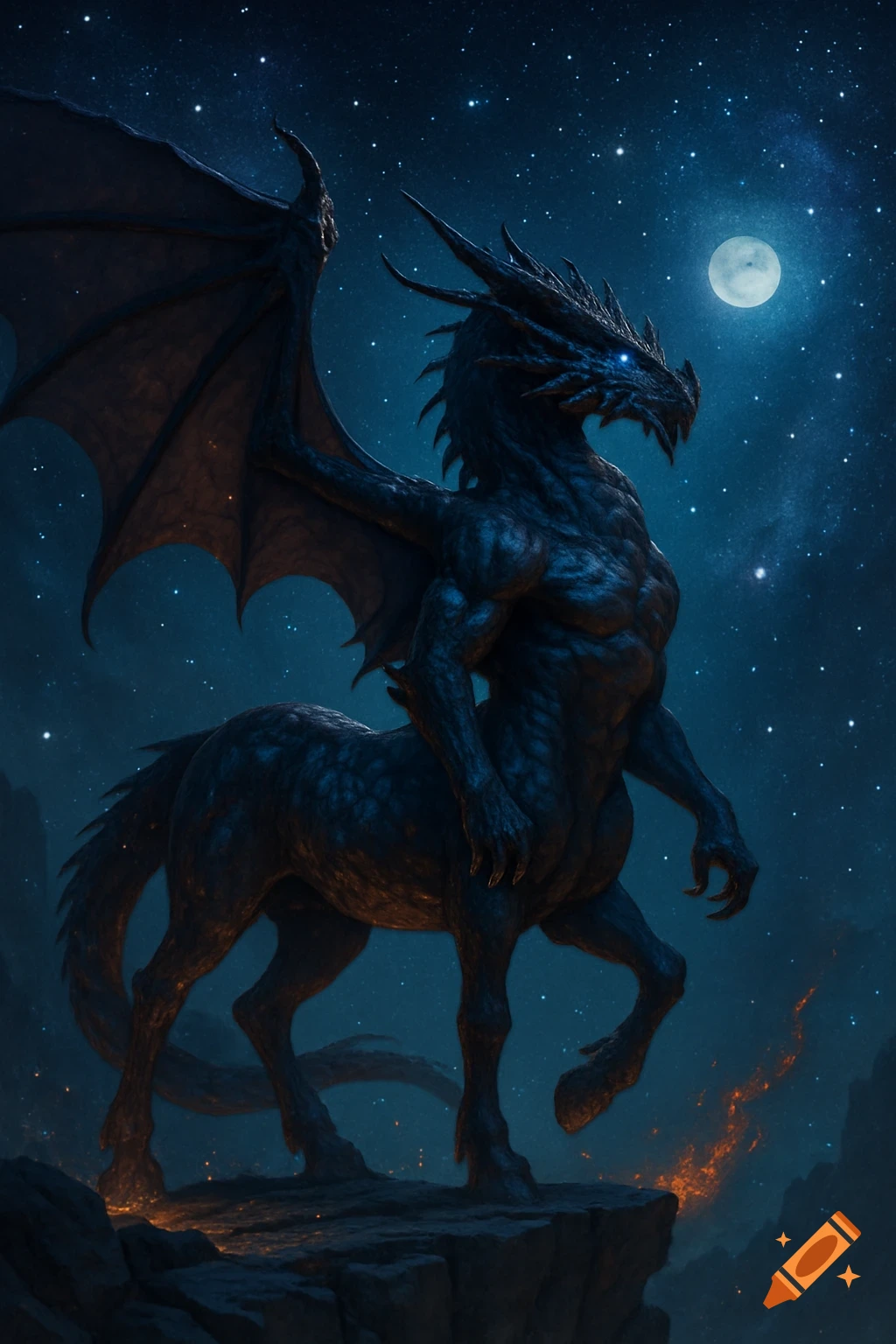 A powerful dark draconic centaur with wings and glowing blue eyes stands on a rocky cliff under a starry night sky with a full moon.