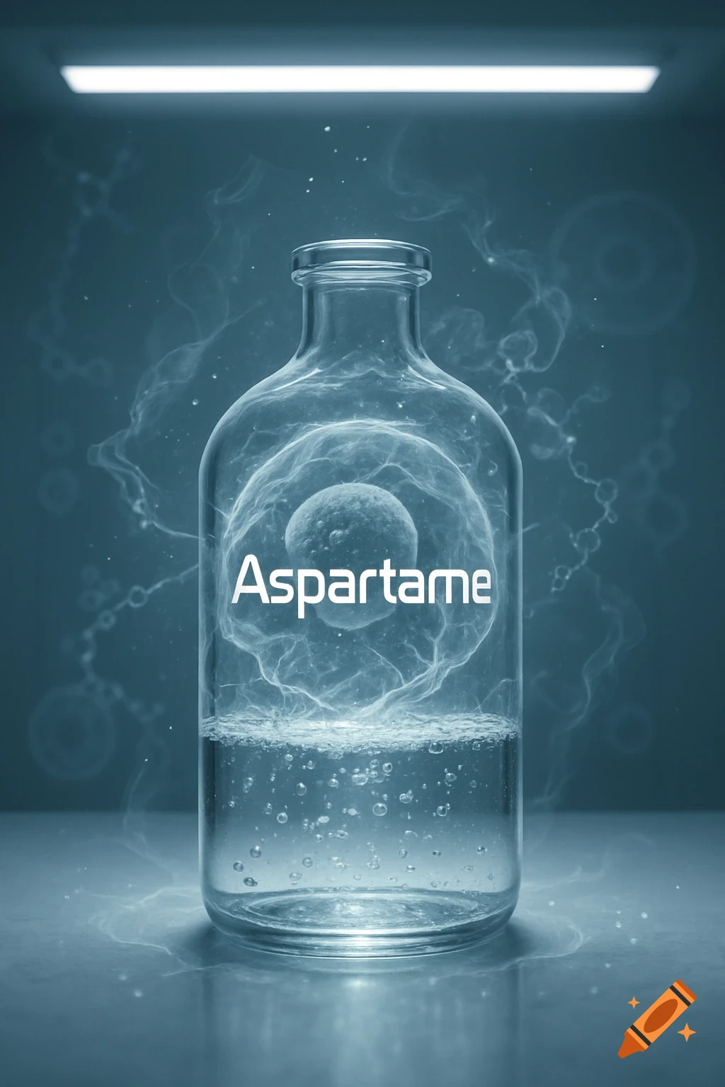 A clear glass bottle containing liquid and a cellular form with 'Aspartame' written on it, in a blue scientific setting.