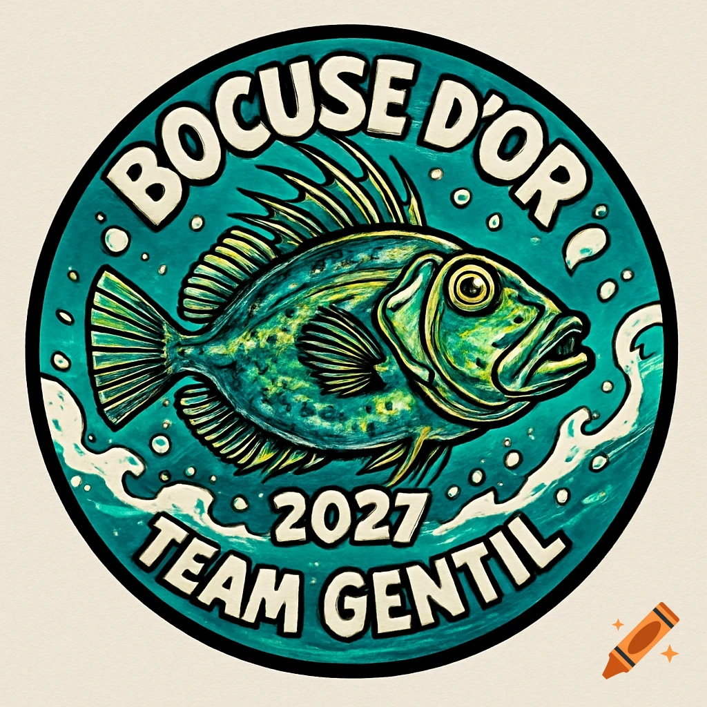 A comic-style circular sticker features a green and yellow John Dory fish in teal water, with text 'BOCUSE D'OR 2027 TEAM GENTIL' around it.