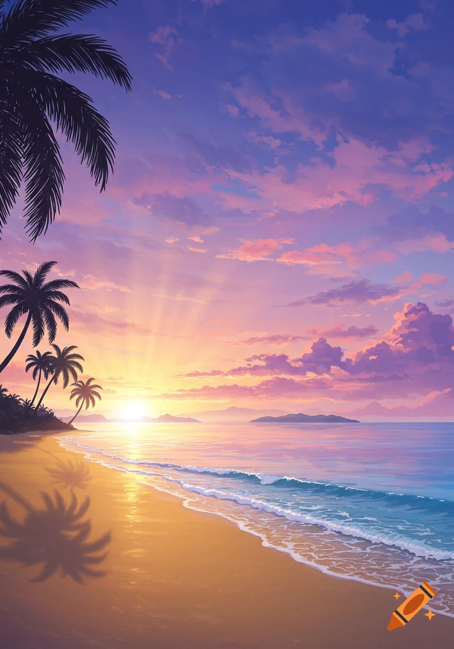 An anime-style tropical beach at dawn or sunset, with silhouetted palm trees, colorful sky, and calm ocean waves.