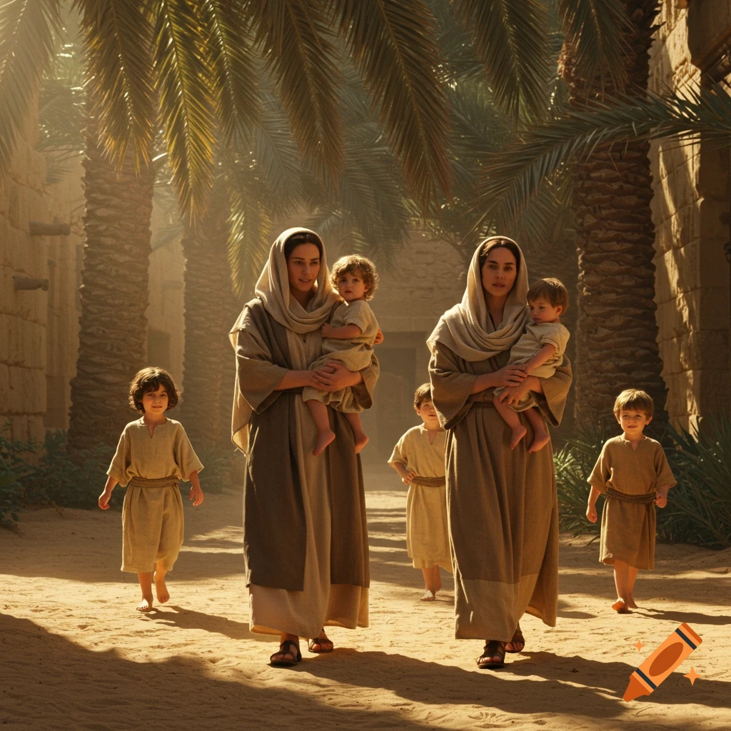 Two women and five children in ancient attire walk on a sunlit, sandy street with palm trees in a photorealistic style.