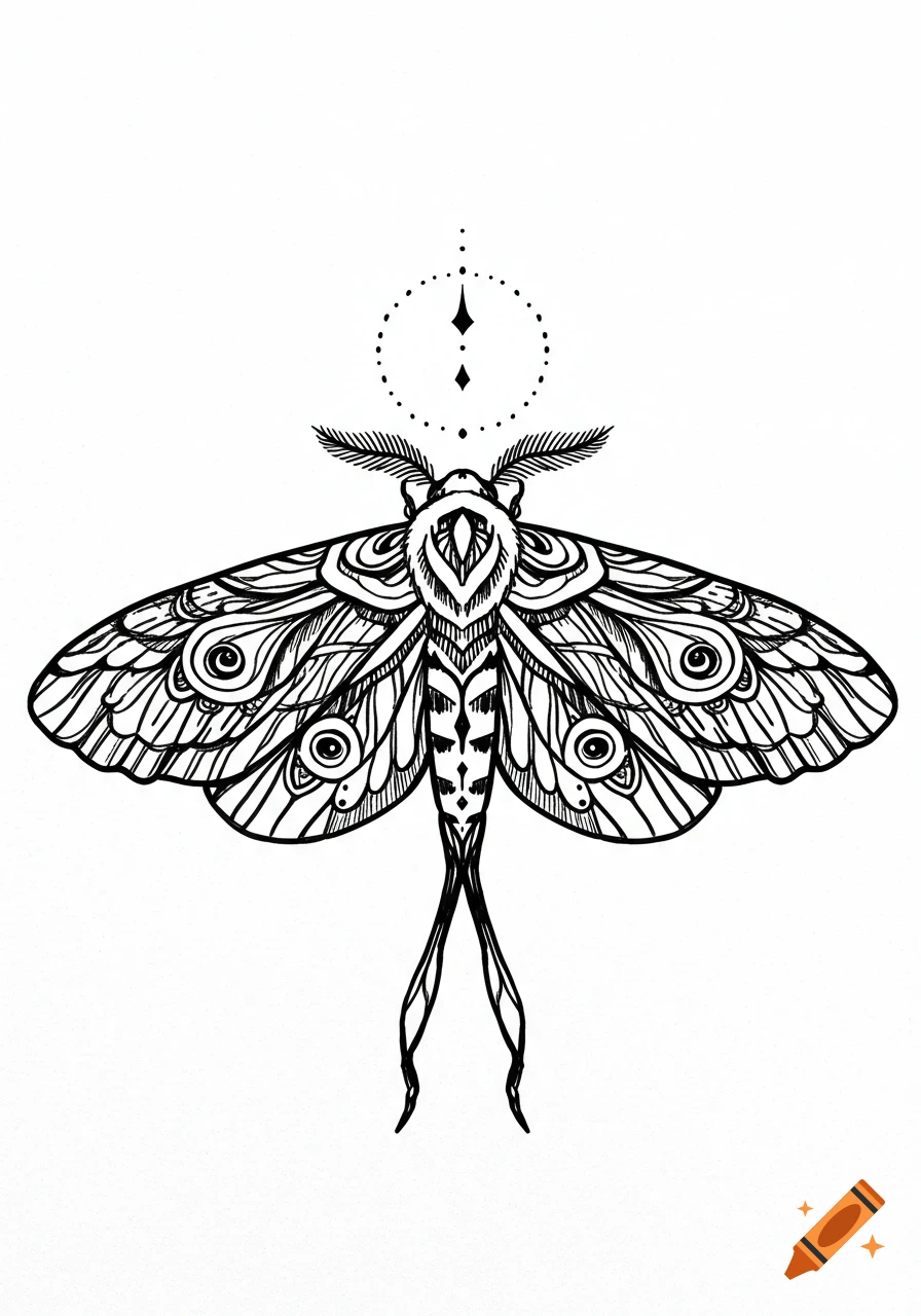 A detailed black and white doodle illustration of a moth with intricate patterns on its wings and feathery antennae.