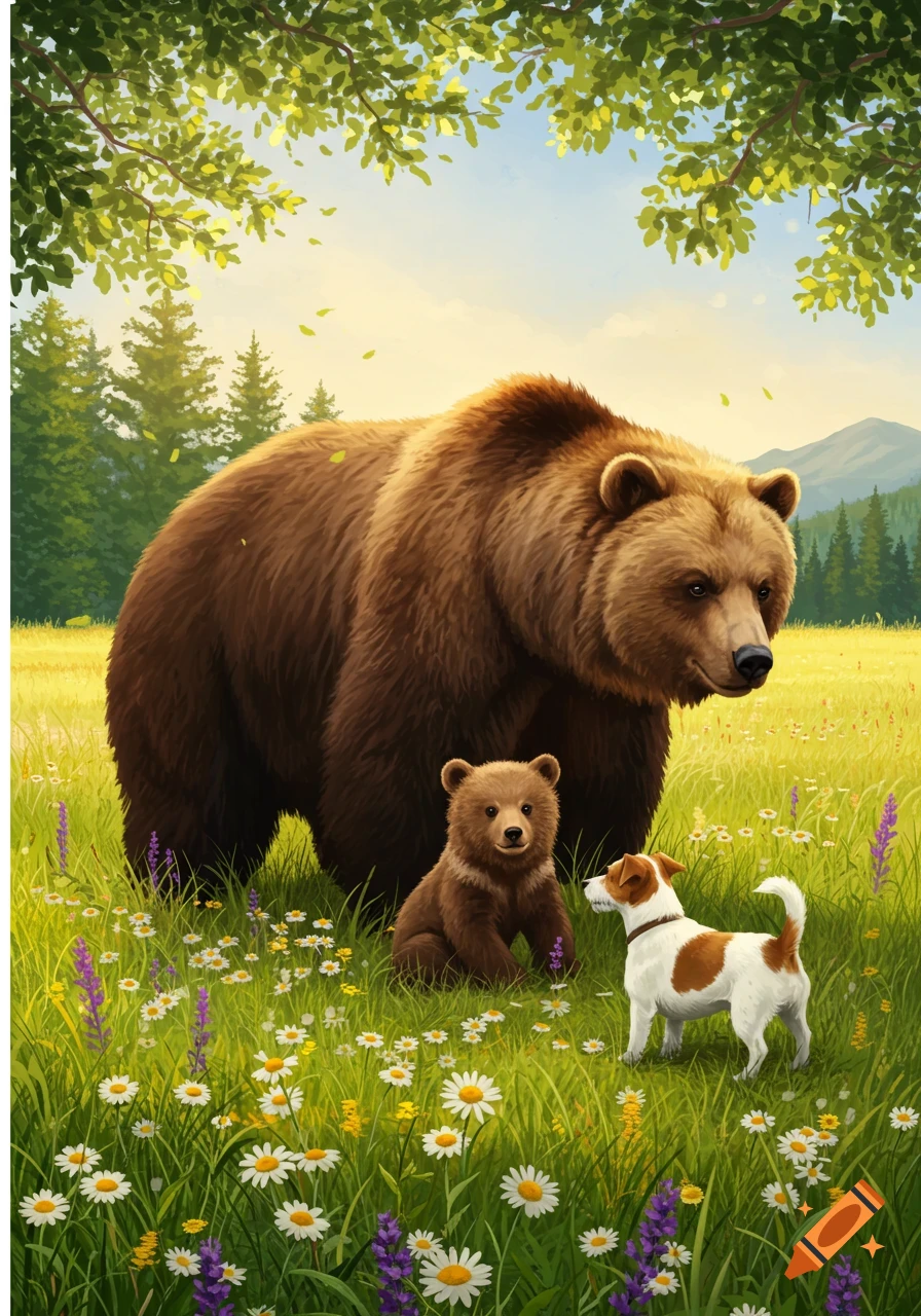A large brown bear, a cub, and a Jack Russell dog stand in a field of wildflowers with trees and mountains, illustration.