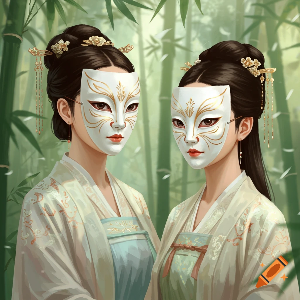 Two women wearing ornate white and gold masks and traditional Chinese robes stand in a bamboo forest.
