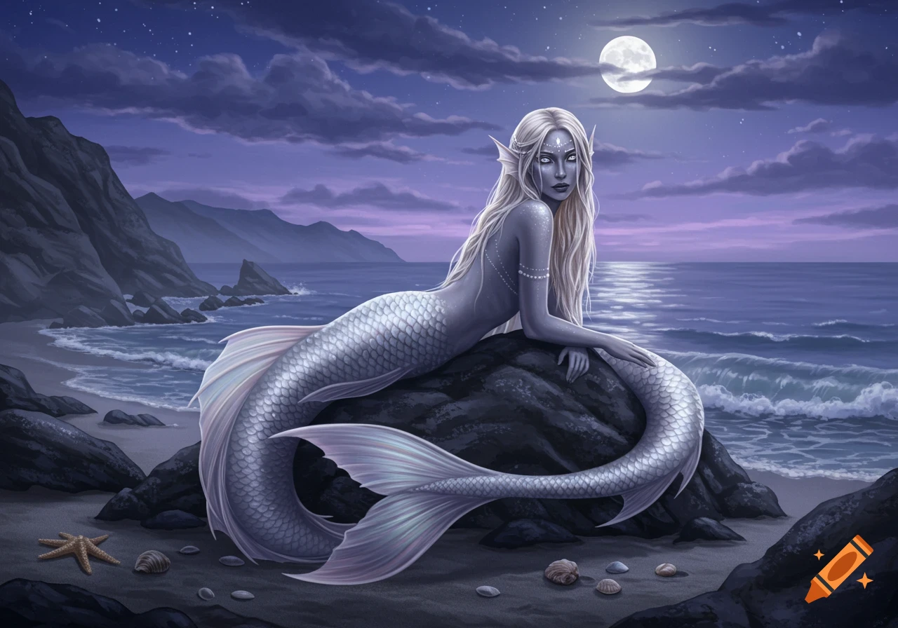 A silver-haired mermaid with a shimmering tail reclines on a rock at a moonlit beach, with mountains and ocean in the background, digital painting.