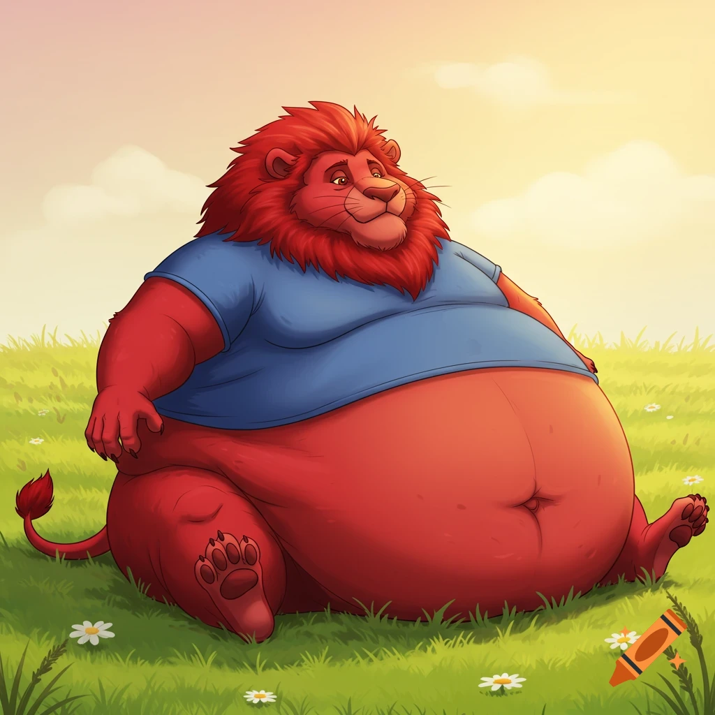 A portly red male lion in a blue t-shirt sits in a grassy field with daisies, cartoon style.