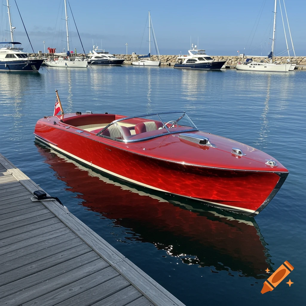 A glossy red classic speedboat is docked in a calm marina with other boats under a clear blue sky.