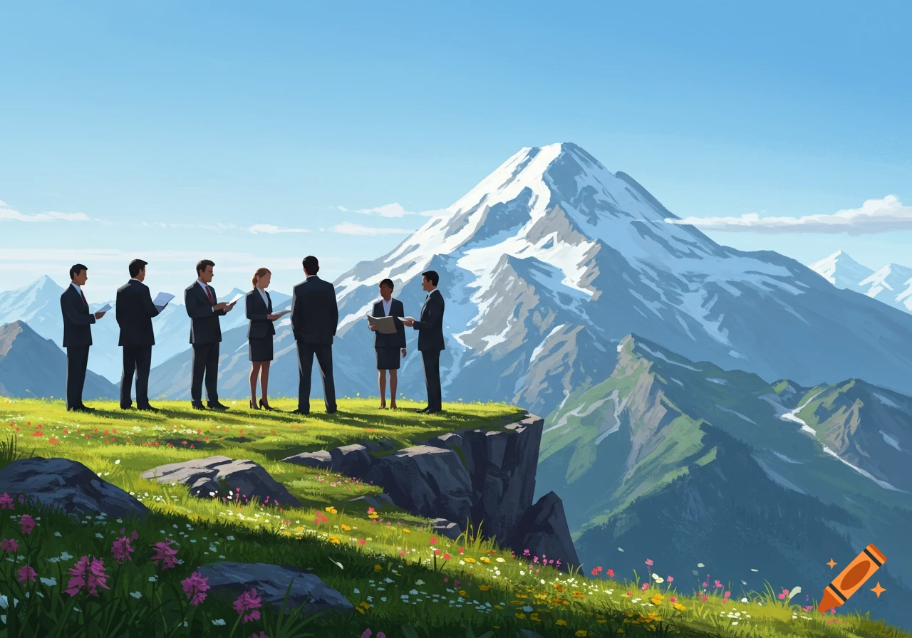 Illustrated scene of business professionals on a grassy cliff overlooking a majestic snow-capped mountain range.
