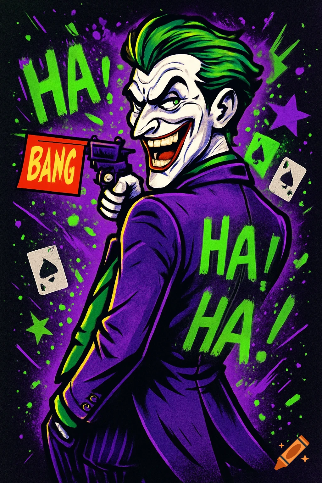 A vibrant comic-style illustration of The Joker with a mischievous grin, holding a toy gun with a "BANG!" flag. He wears a purple jacket and green vest, against a neon purple and green graffiti background with "HA! HA!" lettering and playing cards.