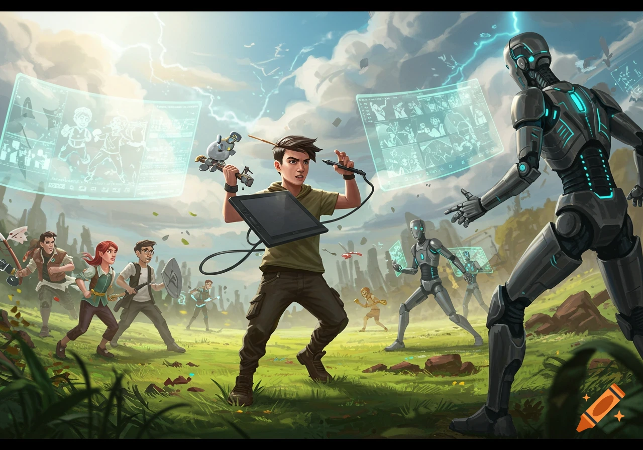 A determined animator with a drawing tablet battles robots, controlling holographic projections of characters, while other adventurers charge in a vibrant fantasy landscape.