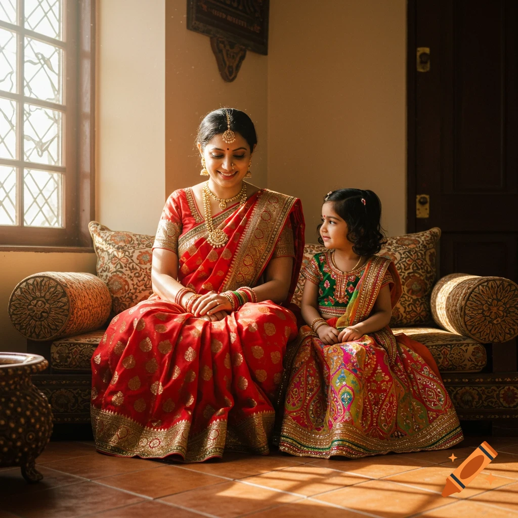 An Indian mother and her young daughter in traditional saris and lehengas, sitting on a patterned sofa in a sunlit room, smiling.