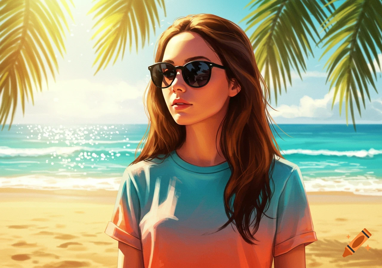 A portrait of a young woman with long brown hair and sunglasses, standing on a sunny beach with palm trees and ocean.