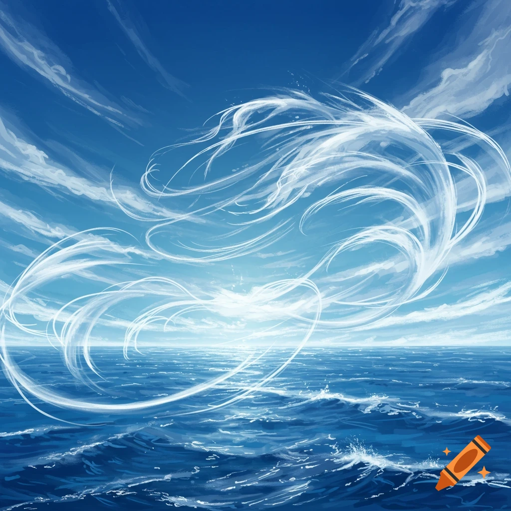 Stylized blue sky with swirling white clouds over a dark blue ocean with waves.