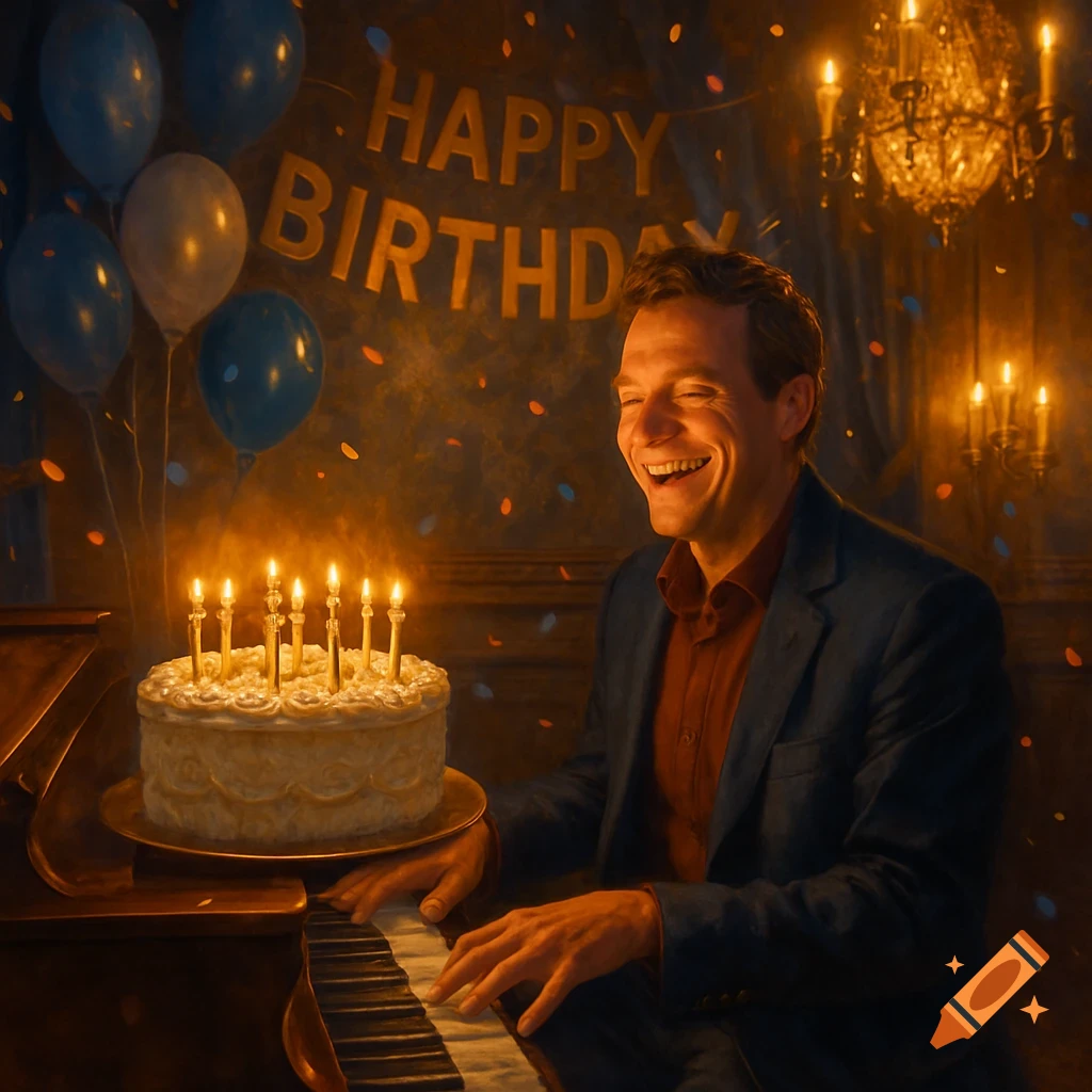 Photorealistic image of a man playing a piano, smiling widely next to a lit birthday cake, with "HAPPY BIRTHDAY" banner and balloons.