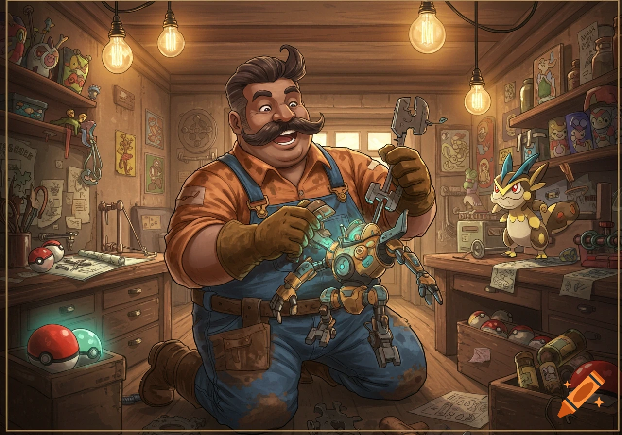 A cheerful, mustachioed mechanic in overalls works on a glowing robot in a cluttered workshop filled with Pokeballs and a Pokemon. Cartoon.