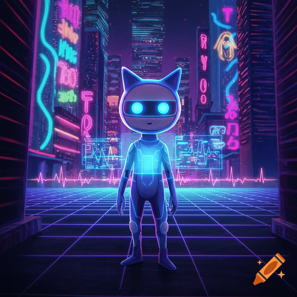 A blue, cat-eared robot character stands centered in a neon-lit, futuristic cyberpunk city with glowing grid lines.