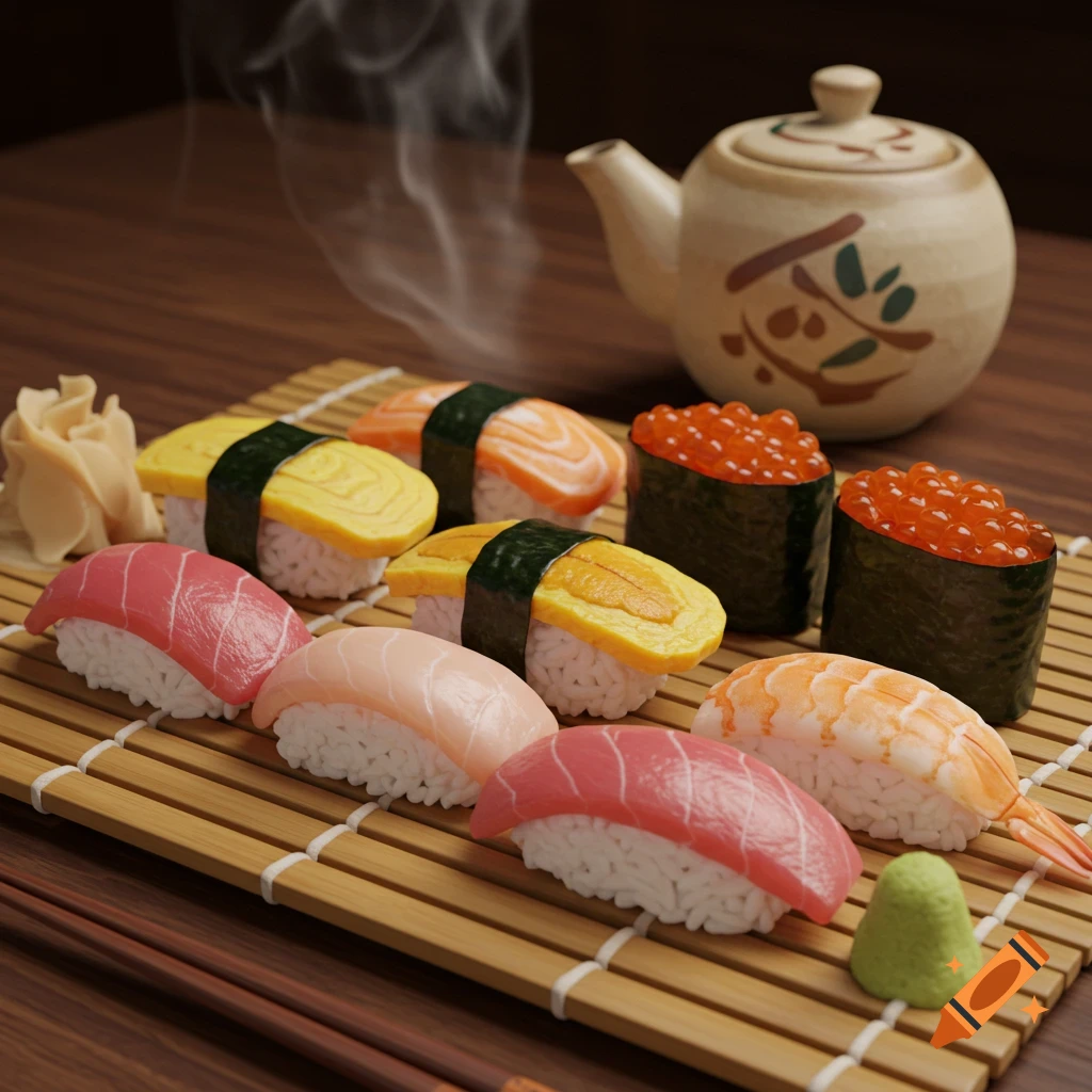 A variety of fresh sushi, including nigiri and gunkan maki, with ginger, wasabi, and a steaming teapot on a bamboo mat.