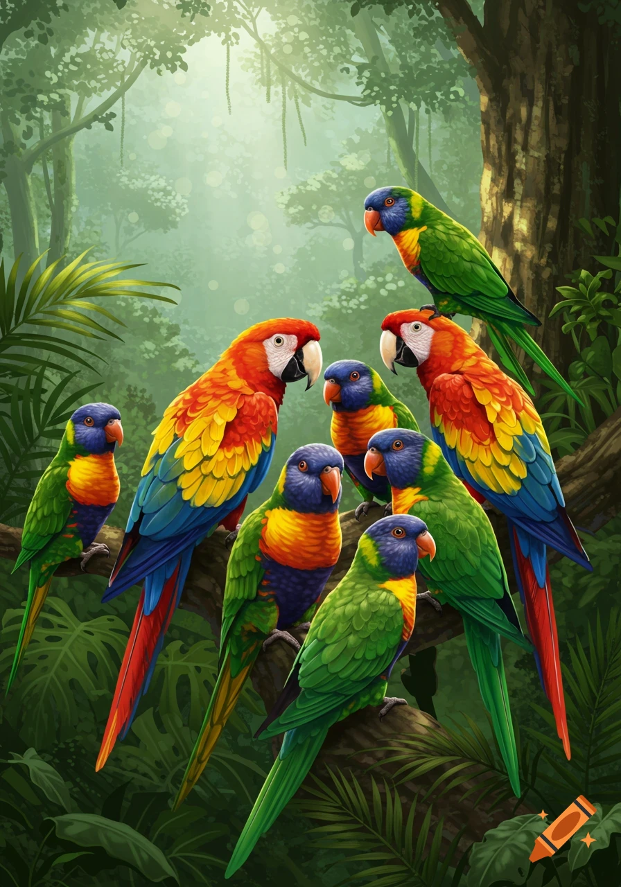 A group of colorful parrots perched on branches in a vibrant, misty jungle, in a digital art style.
