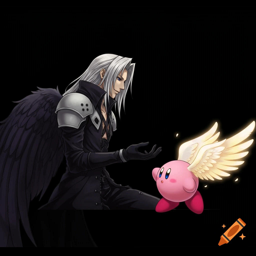Anime style illustration of a dark-winged man, Sephiroth, looking kindly at a small pink Kirby with golden wings, on a black background.