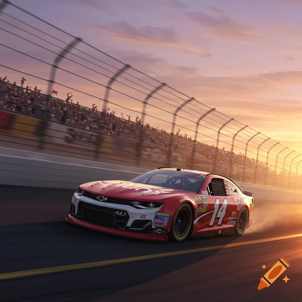 A red and white NASCAR car with the number 14 speeds around a race track at sunset, with cheering crowds in the background.