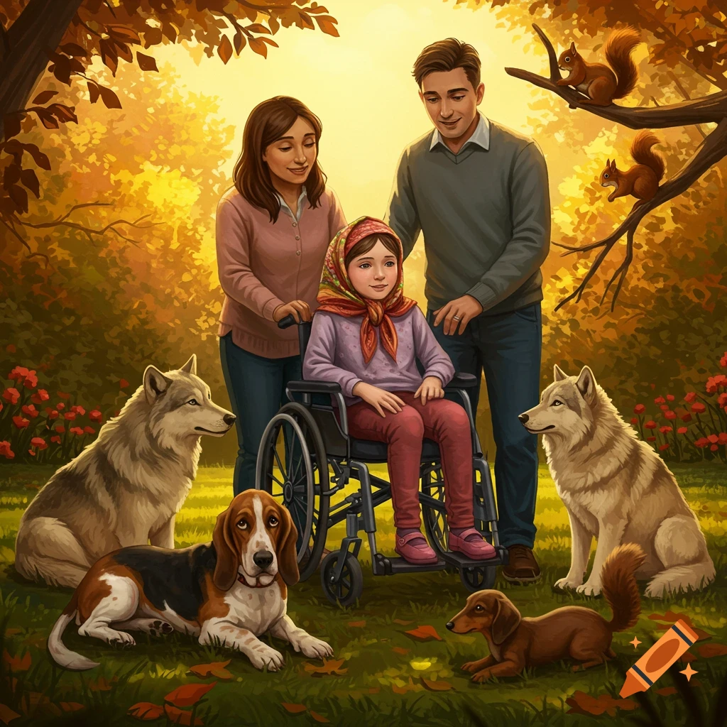 An illustrated family portrait in an autumn forest with a girl in a wheelchair, two parents, two wolves, a basset hound, a dachshund, and two squirrels.