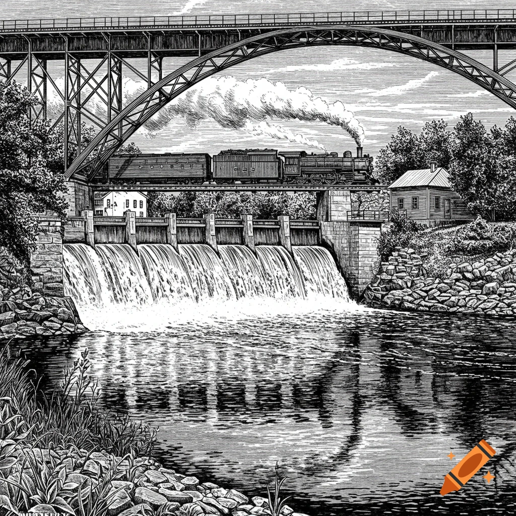 Black and white line art of a steam train crossing a bridge above a dam with water cascading into a river.