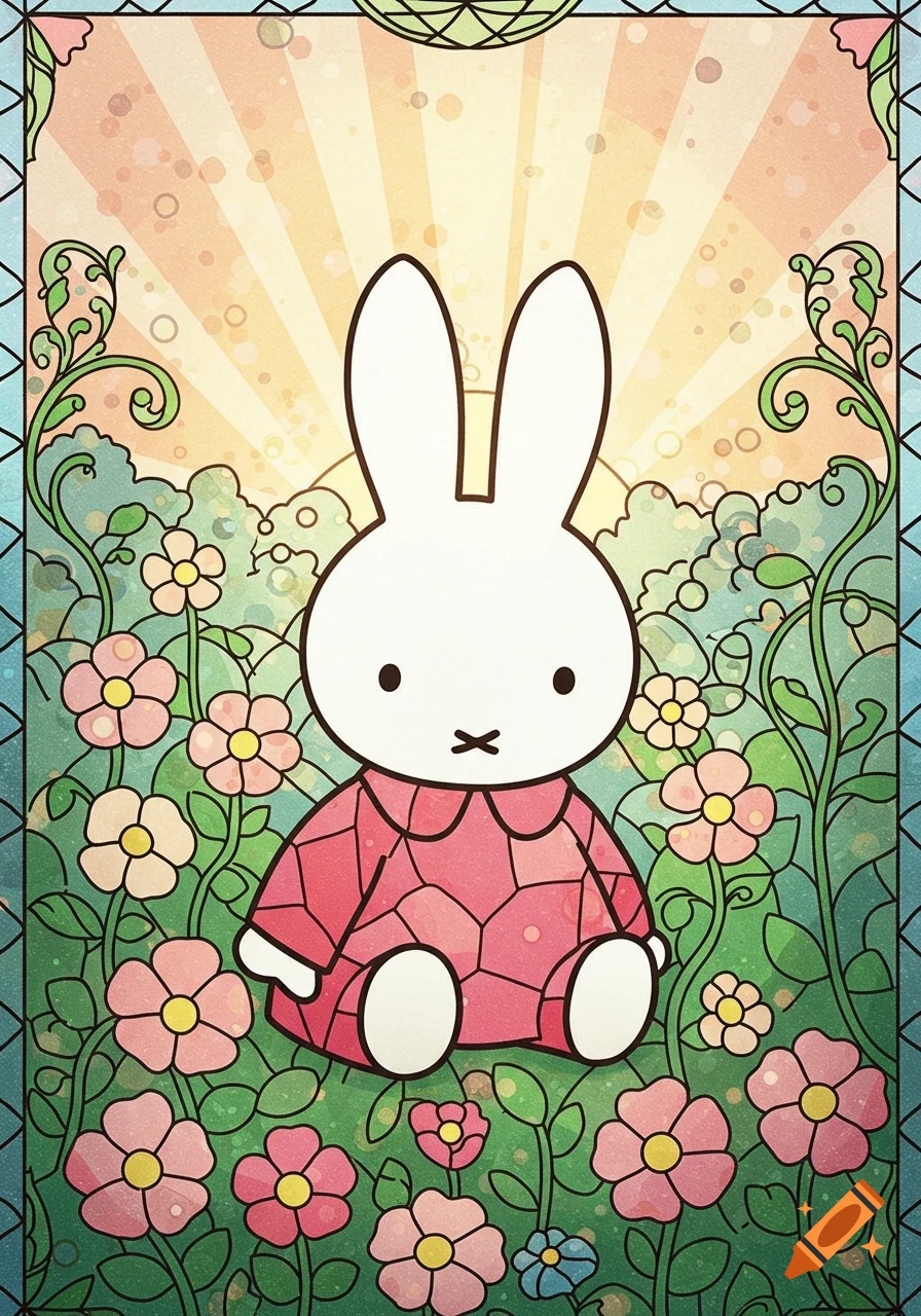 Stained glass art of Miffy the bunny in a pink dress, sitting among pink and yellow flowers under a sunny sky.
